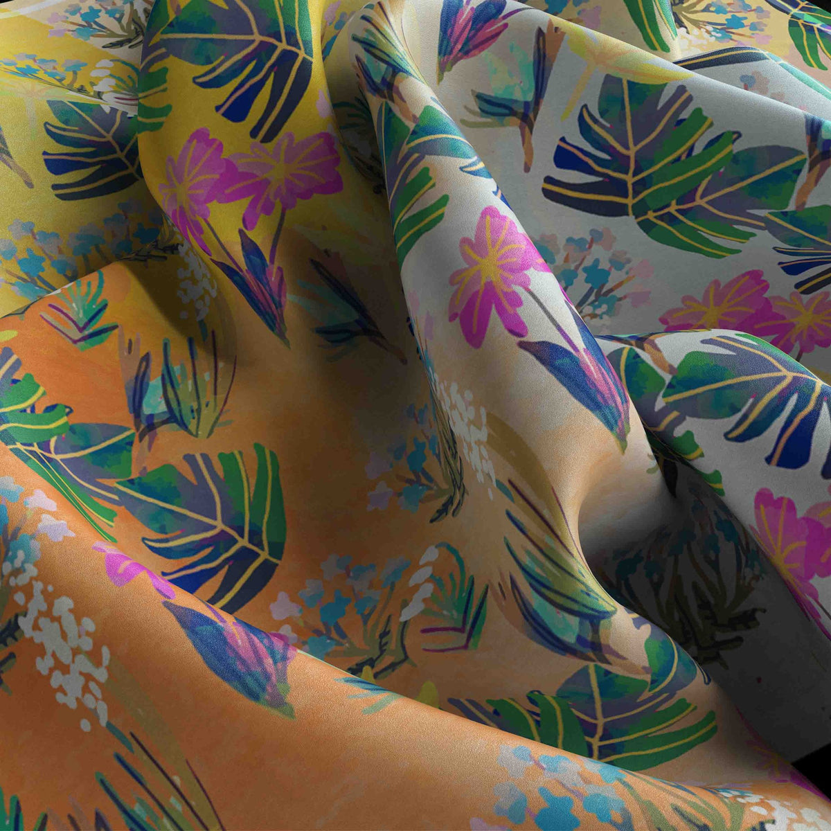 Sunlit Botanical Pop Silk Bandana Scarf – 50 × 50 cm