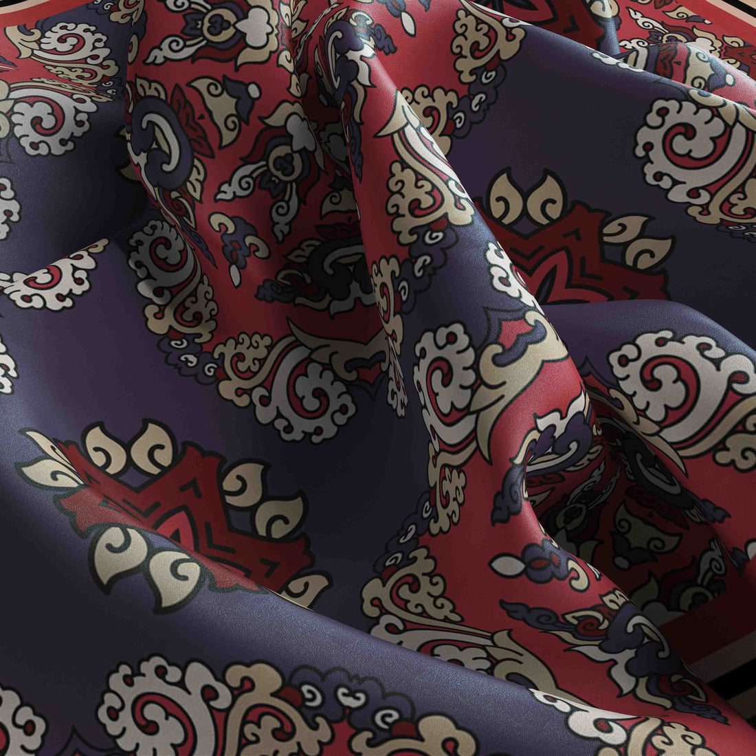 Navy Persian Kilim Silk Bandana Scarf – 50 × 50 cm