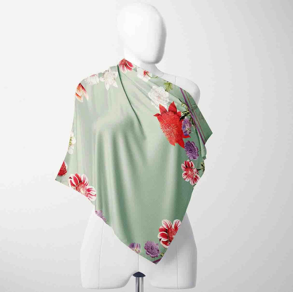 Sage Carnation Border Silk Shawl Wrap – 100 × 100 cm