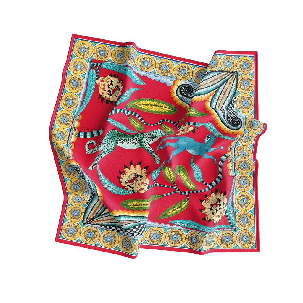 Scarlet Paisley Carnival Silk Square Scarf – 65 × 65 cm