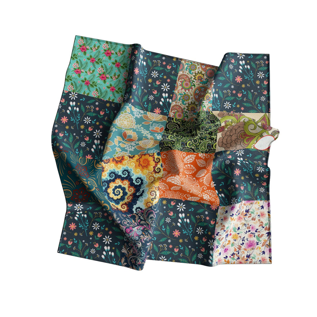 Patchwork Garden Silk Bandana Scarf – 50 × 50 cm