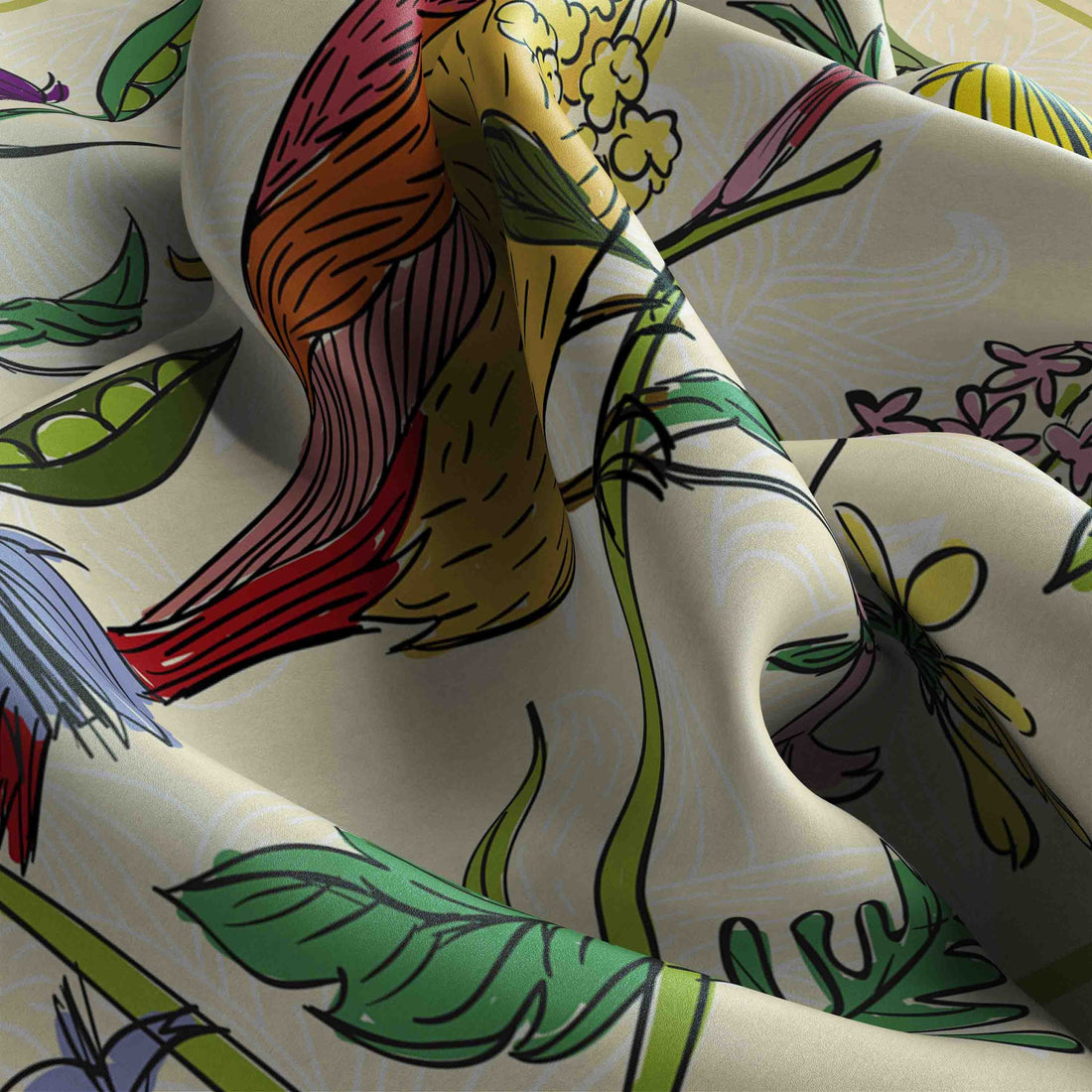 Songbird Botanical Ivory Silk Shawl Wrap – 100 × 100 cm