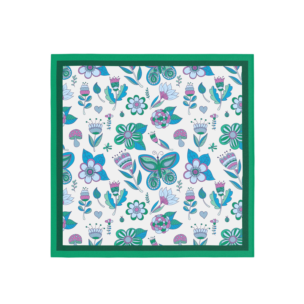 Emerald Folk Garden Silk Bandana Scarf – 50 × 50 cm