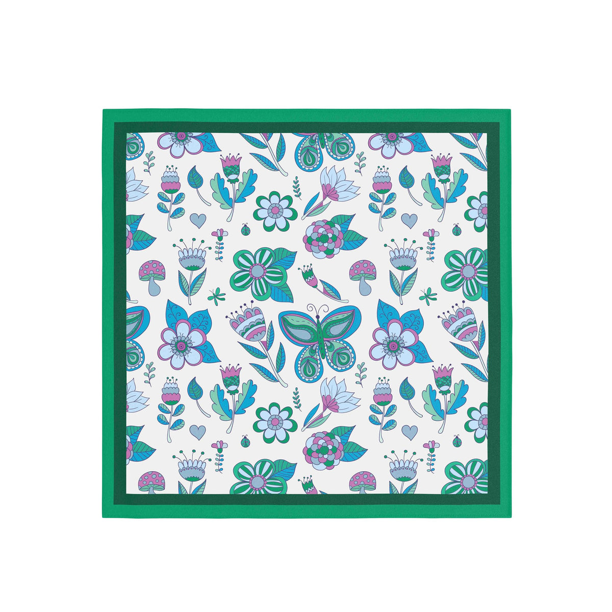Emerald Folk Garden Silk Bandana Scarf – 50 × 50 cm
