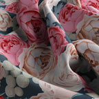 Rose Bouquet Navy Silk Bandana Scarf – 50 × 50 cm