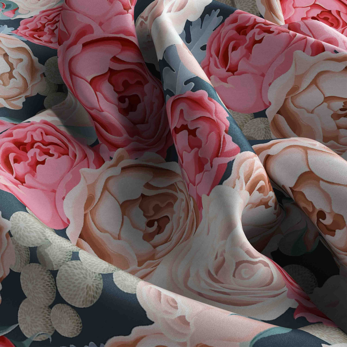 Rose Bouquet Navy Silk Bandana Scarf – 50 × 50 cm