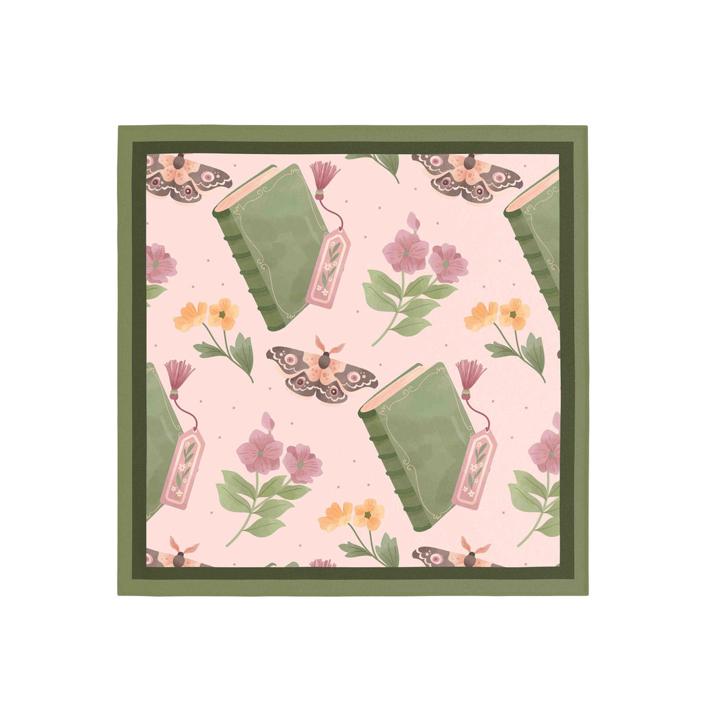 Moth & Blossom Sage Silk Bandana Scarf – 50 × 50 cm