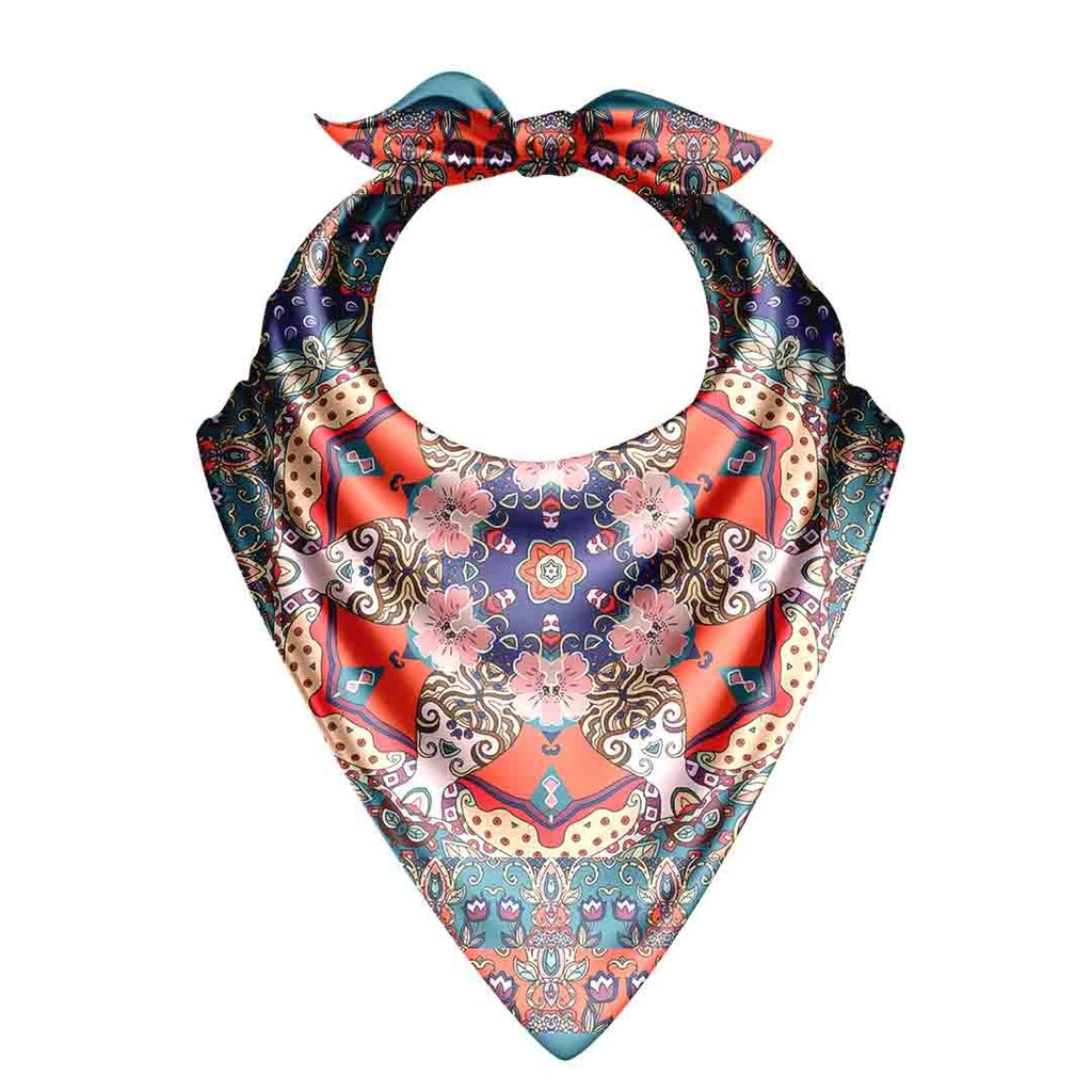 Persian Tile Coral Silk Bandana Scarf – 50 × 50 cm