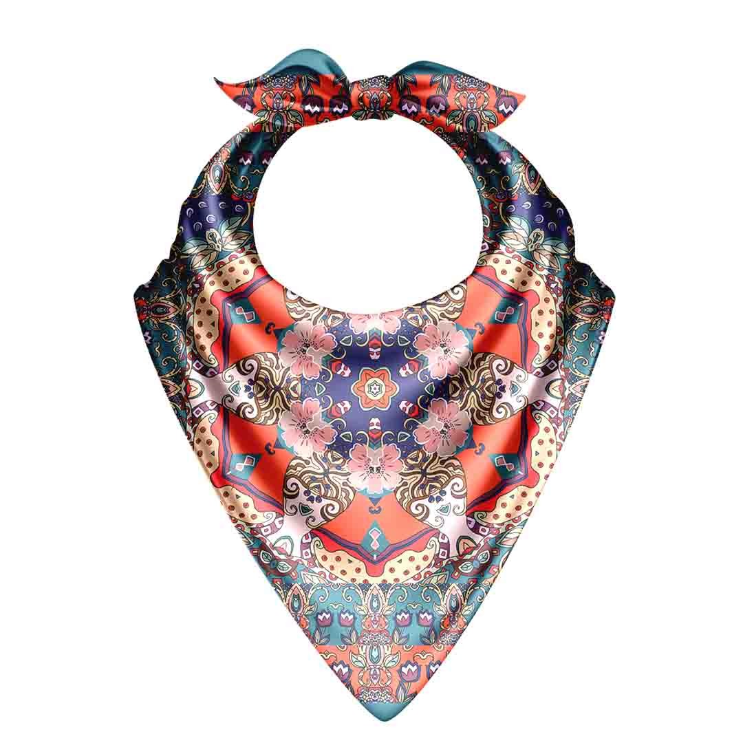 Persian Tile Coral Silk Bandana Scarf – 50 × 50 cm