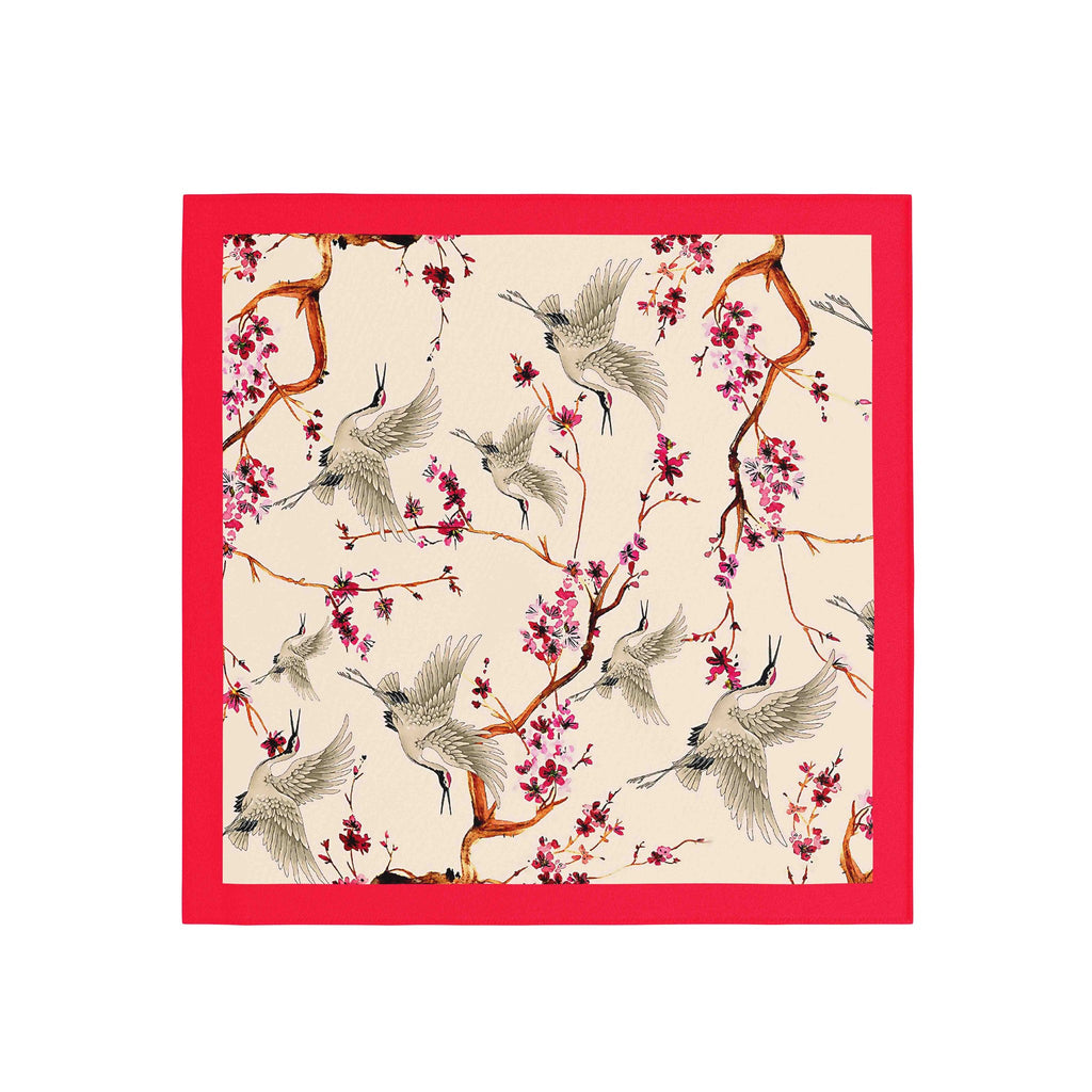 Cherry Blossom Crane Silk Bandana Scarf – 50 × 50 cm