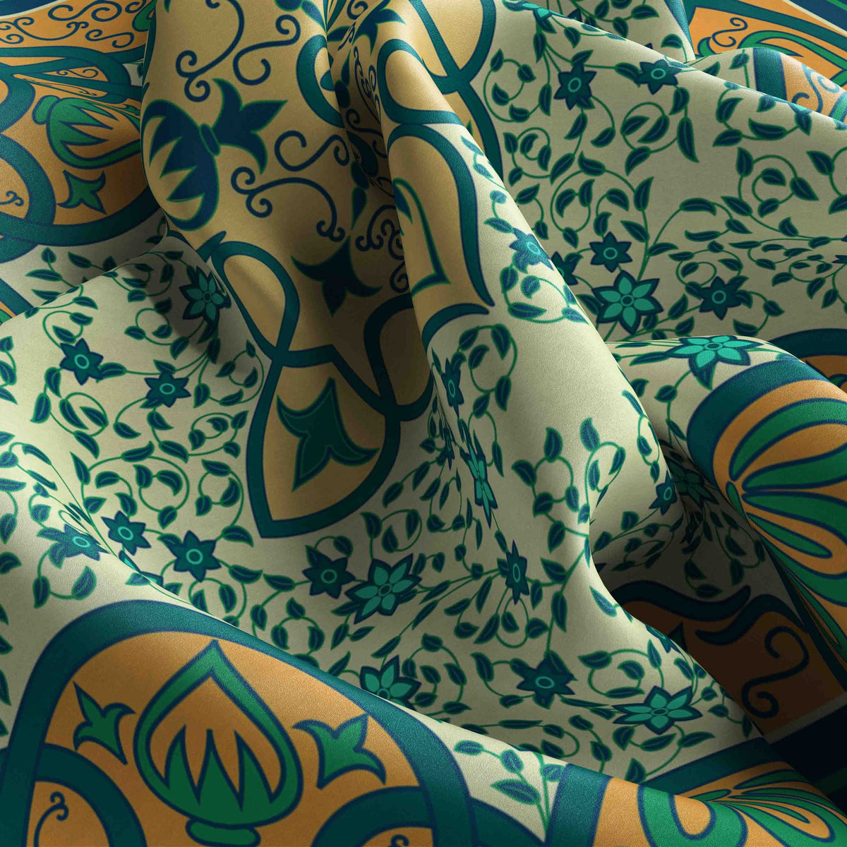 Mint Moorish Garden Silk Bandana Scarf – 50 × 50 cm