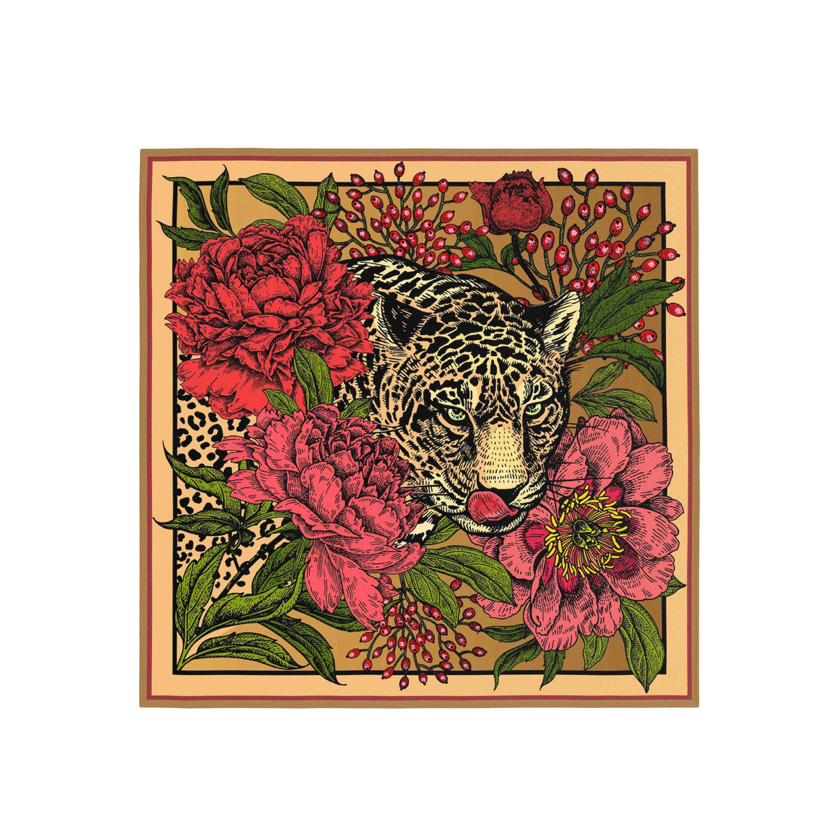 Leopard & Peony Silk Bandana Scarf – 50 × 50 cm
