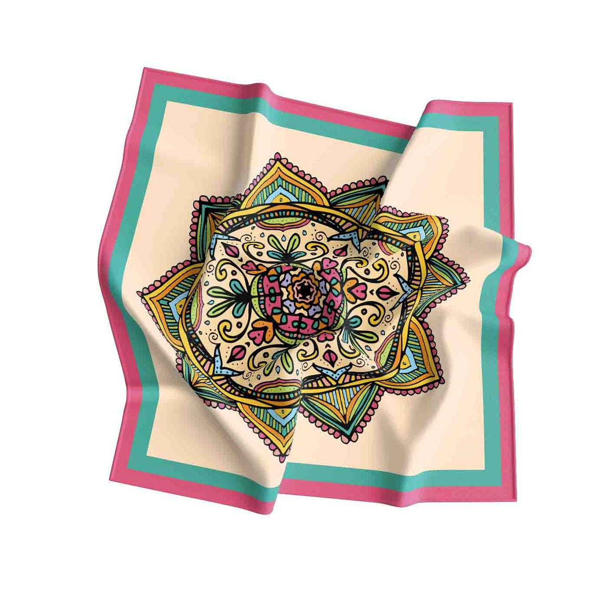 Folk Mandala Blush Silk Bandana Scarf – 50 × 50 cm