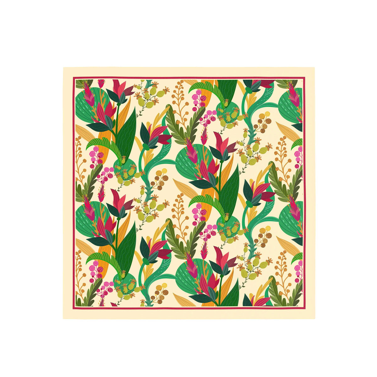 Tropical Bloom Ivory Silk Bandana Scarf – 50 × 50 cm