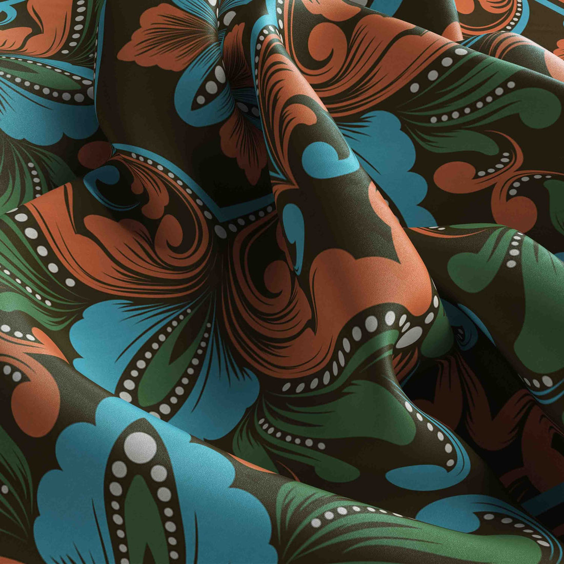 Olive Spice Medallion Silk Bandana Scarf – 50 × 50 cm