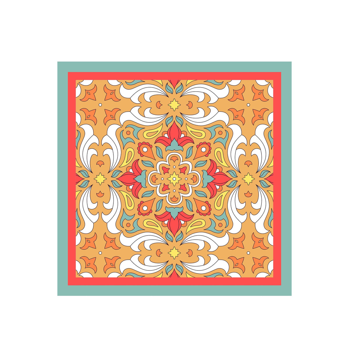 Saffron Tile Mosaic Silk Bandana Scarf – 50 × 50 cm