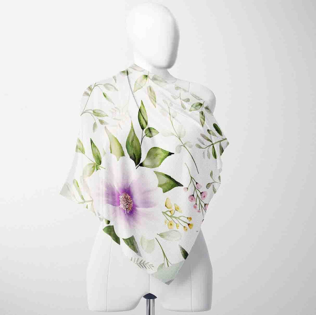White Garden Clematis Silk Shawl Wrap – 100 × 100 cm