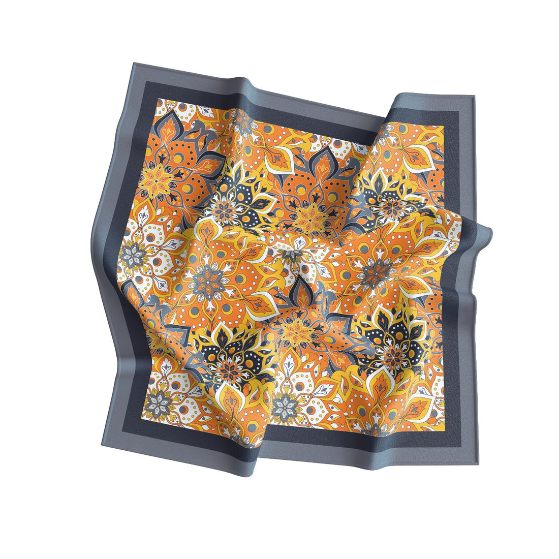 Marigold Medallion Slate Silk Square Scarf – 65 × 65 cm