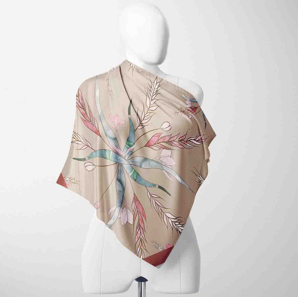Taupe Botanical Star Silk Shawl Wrap – 100 × 100 cm