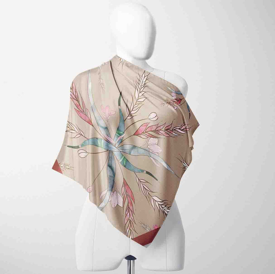 Taupe Botanical Star Silk Shawl Wrap – 100 × 100 cm