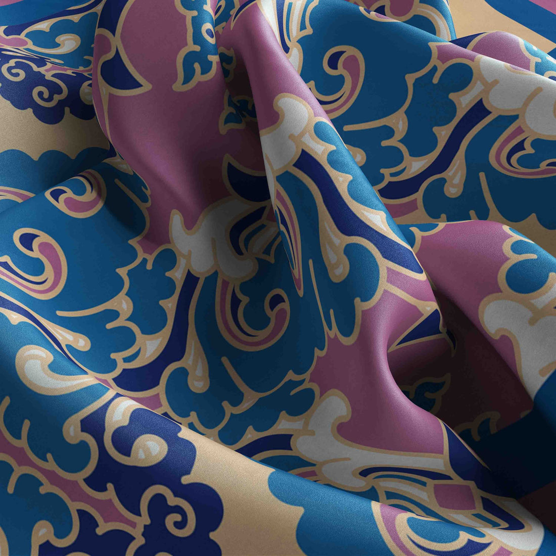 Orchid Blue Damask Silk Bandana Scarf – 50 × 50 cm