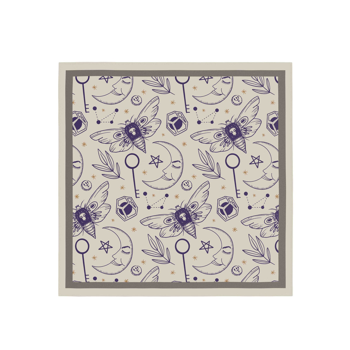 Celestial Keys & Moths Silk Bandana Scarf – 50 × 50 cm
