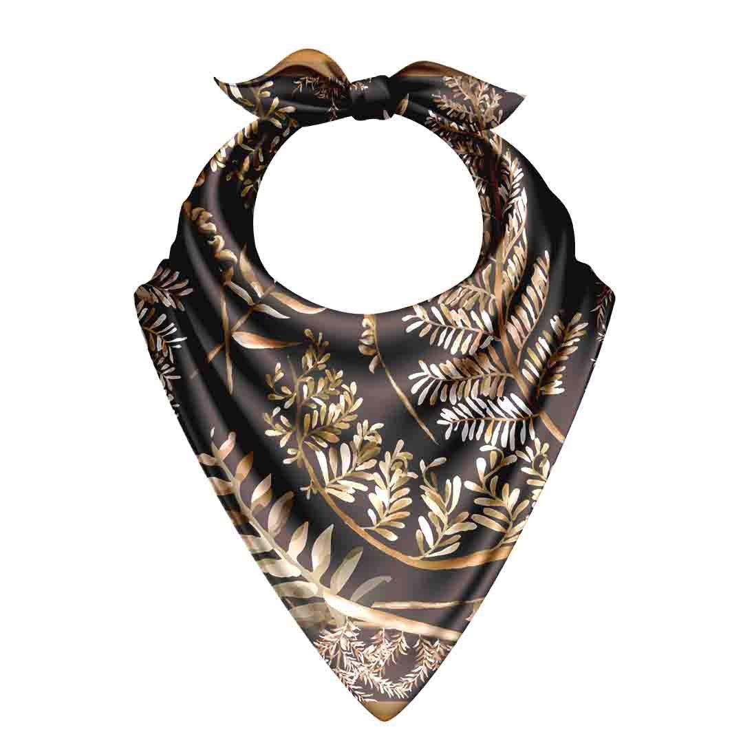 Midnight Fern Cocoa Silk Bandana Scarf – 50 × 50 cm