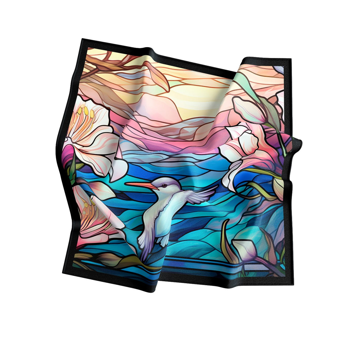 Hummingbird Stained Glass Silk Bandana Scarf – 50 × 50 cm