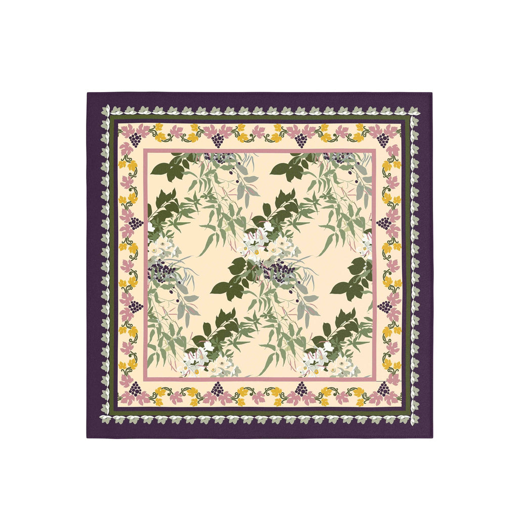 Jasmine Vine Plum Border Silk Bandana Scarf – 50 × 50 cm