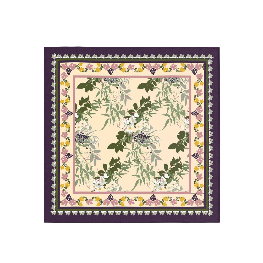 Jasmine Vine Plum Border Silk Bandana Scarf – 50 × 50 cm