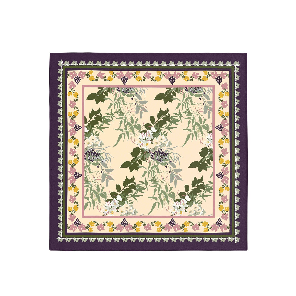 Jasmine Vine Plum Border Silk Bandana Scarf – 50 × 50 cm