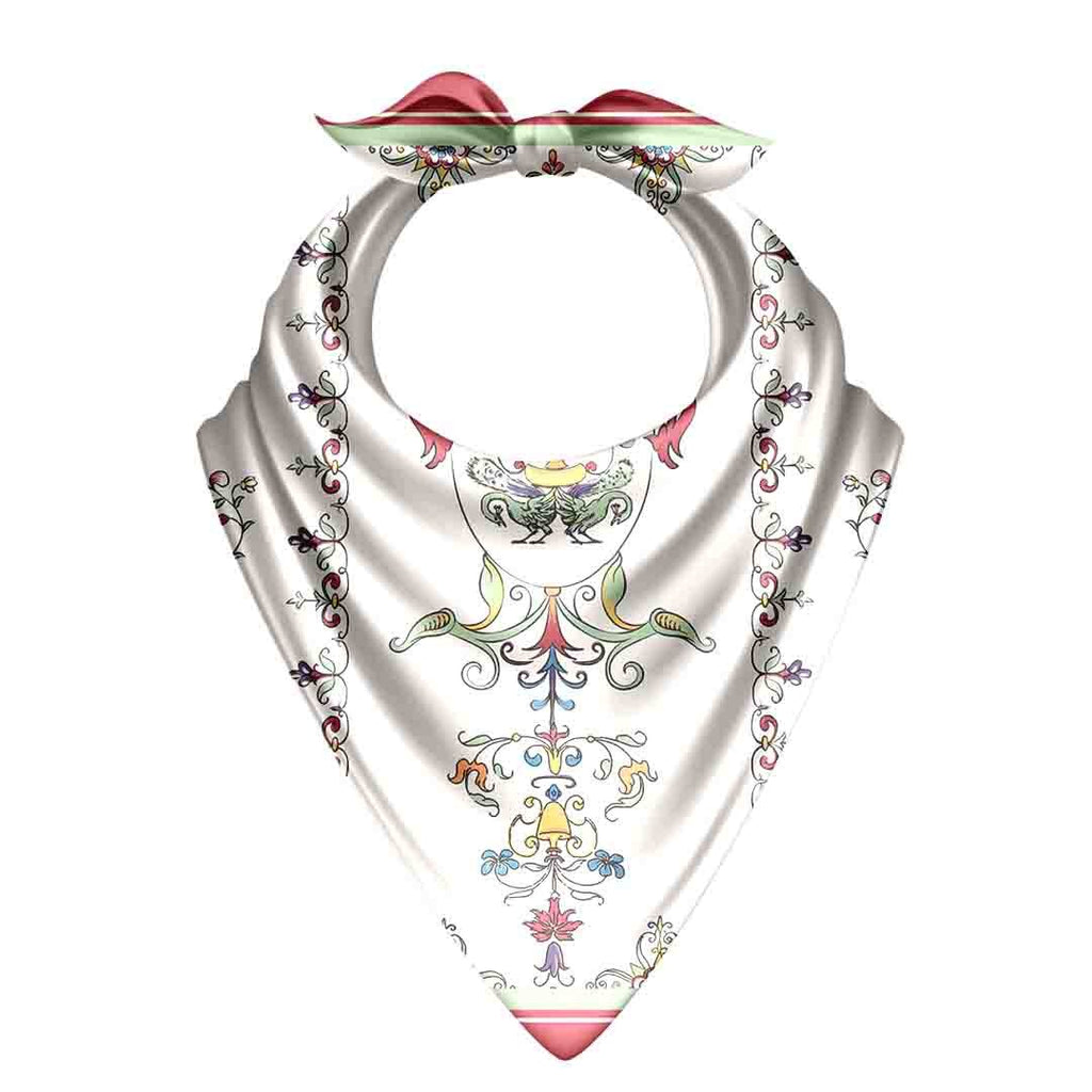 Ivory Rococo Floral Silk Bandana Scarf – 50 × 50 cm