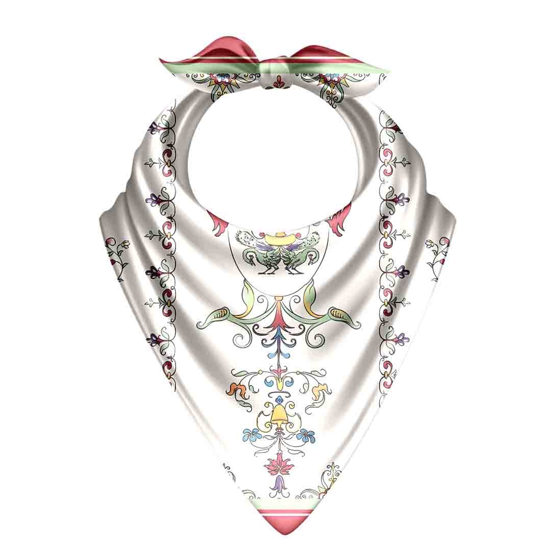 Ivory Rococo Floral Silk Bandana Scarf – 50 × 50 cm