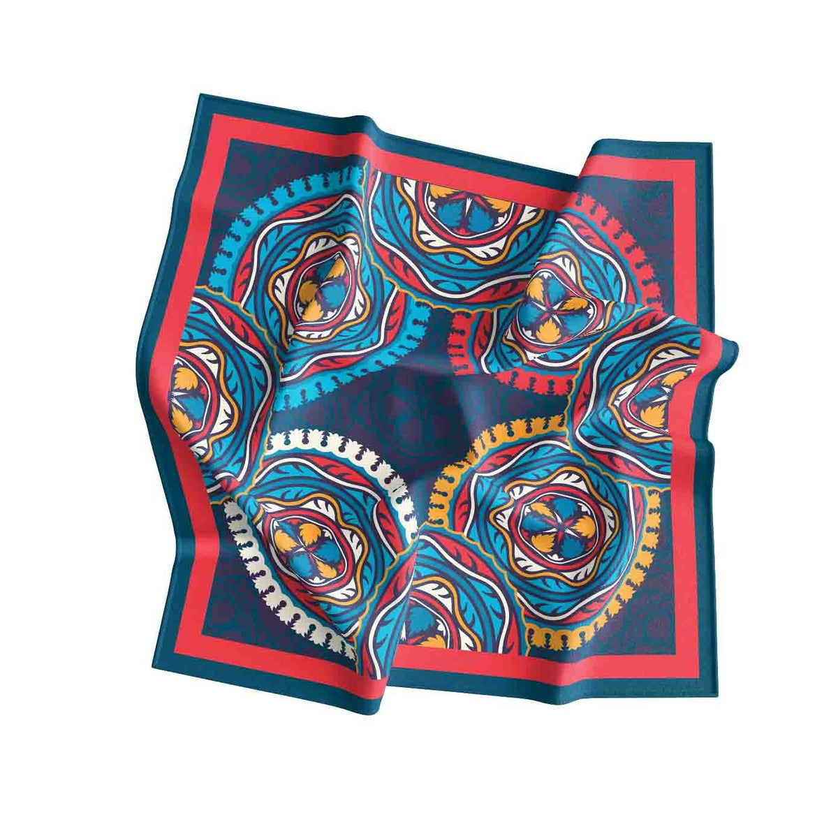 Cobalt Mandala Circle Silk Bandana Scarf – 50 × 50 cm