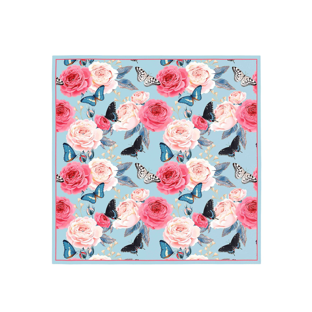 Rose & Butterfly Sky Silk Bandana Scarf – 50 × 50 cm