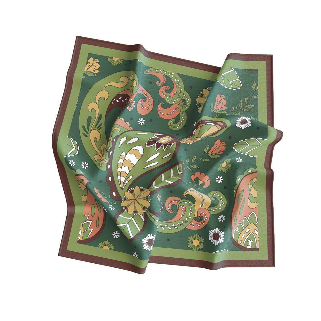 Sage Retro Paisley Silk Square Scarf – 65 × 65 cm