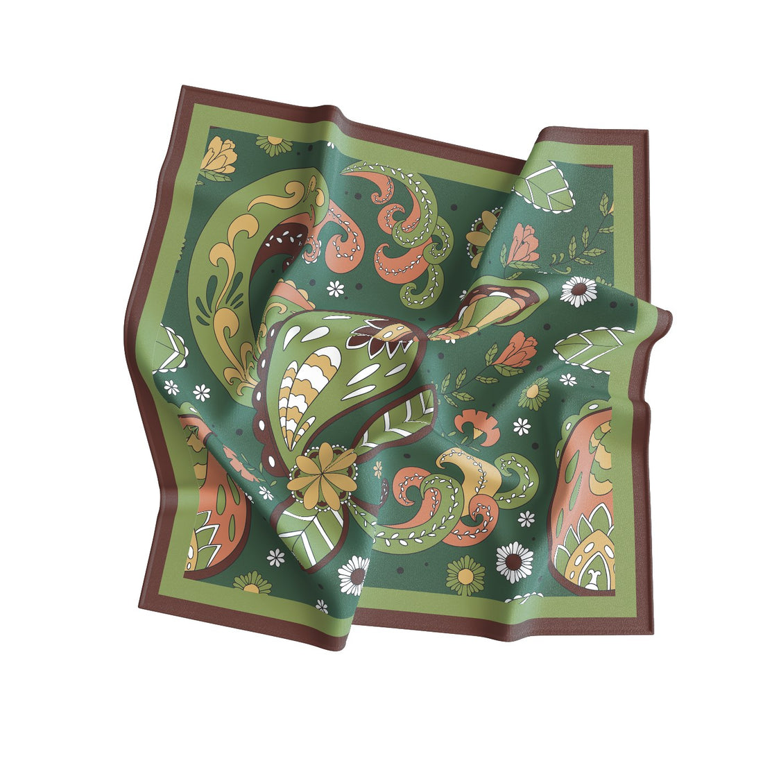 Sage Retro Paisley Silk Square Scarf – 65 × 65 cm