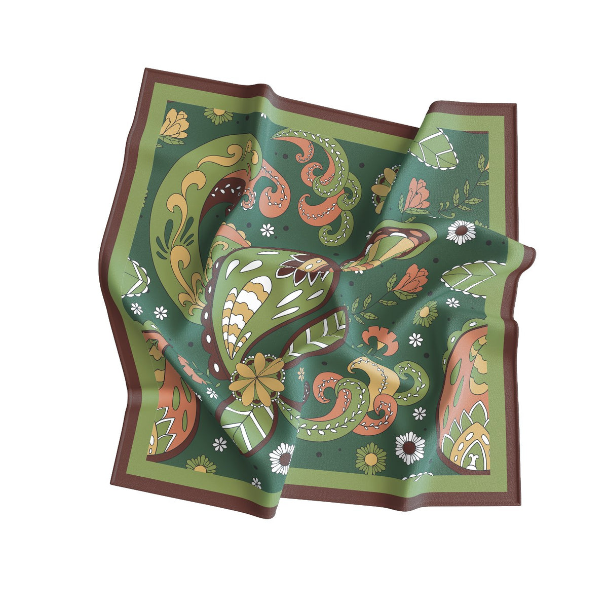 Sage Retro Paisley Silk Square Scarf – 65 × 65 cm