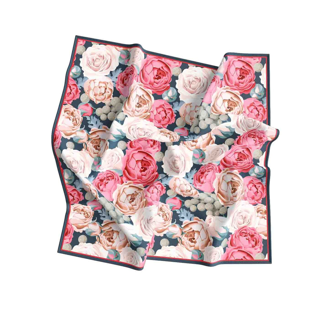 Rose Bouquet Navy Silk Bandana Scarf – 50 × 50 cm