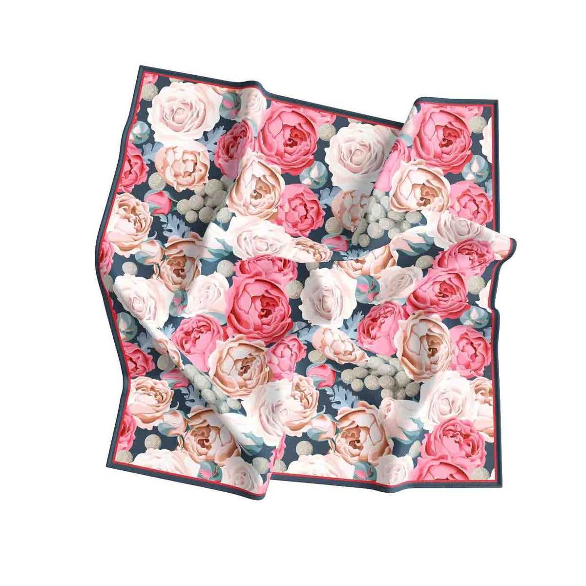 Rose Bouquet Navy Silk Bandana Scarf – 50 × 50 cm