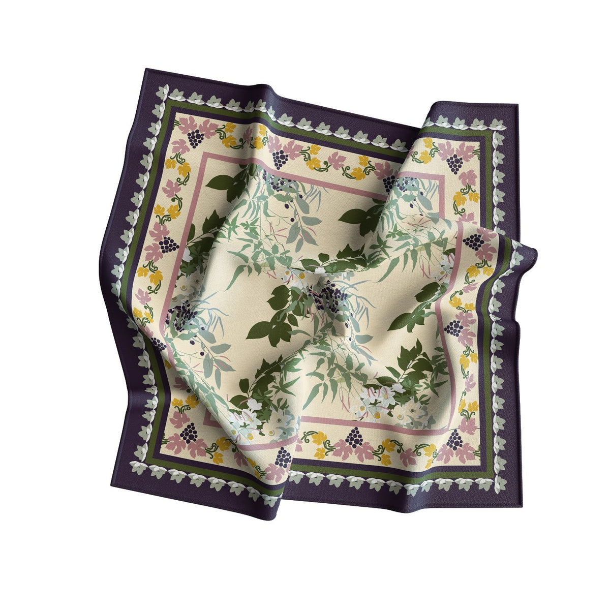Jasmine Vine Plum Border Silk Bandana Scarf – 50 × 50 cm