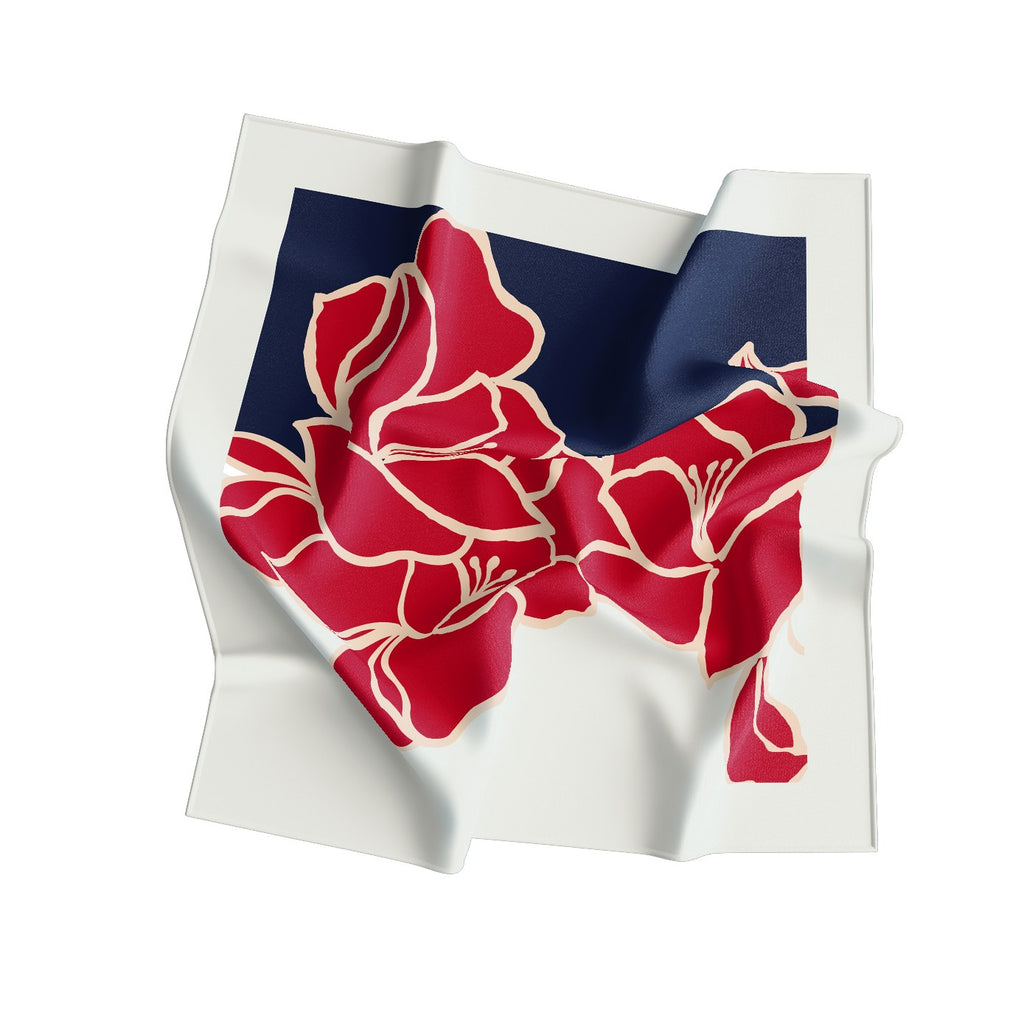 Crimson Bloom Navy Silk Bandana Scarf – 50 × 50 cm