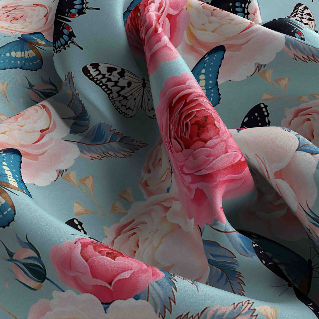 Rose & Butterfly Sky Silk Bandana Scarf – 50 × 50 cm