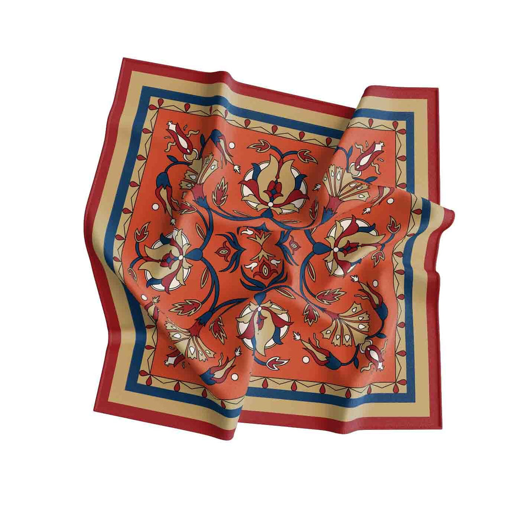 Terracotta Folk Medallion Silk Bandana Scarf – 50 × 50 cm