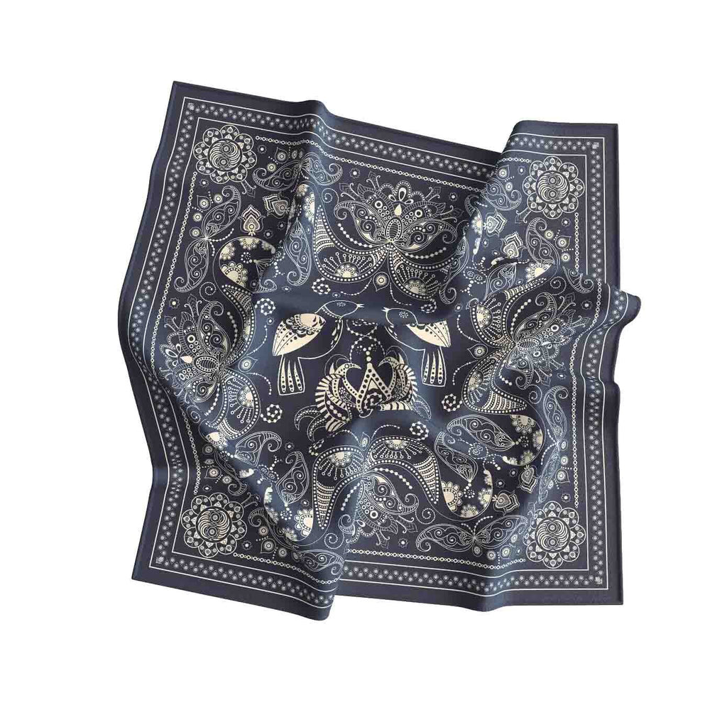 Charcoal Paisley Silk Bandana Scarf – 50 × 50 cm