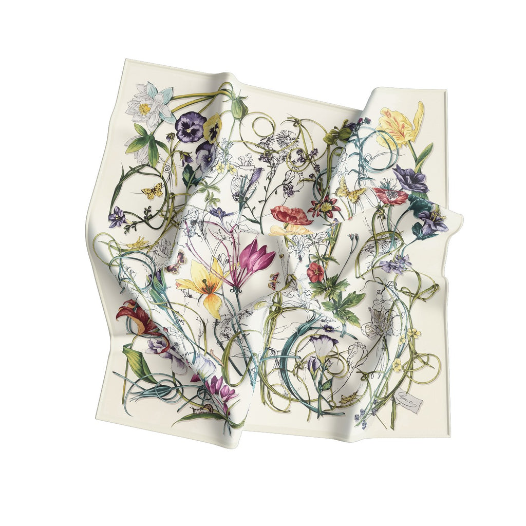 Ivory Botanical Sketch Silk Square Scarf – 65 × 65 cm
