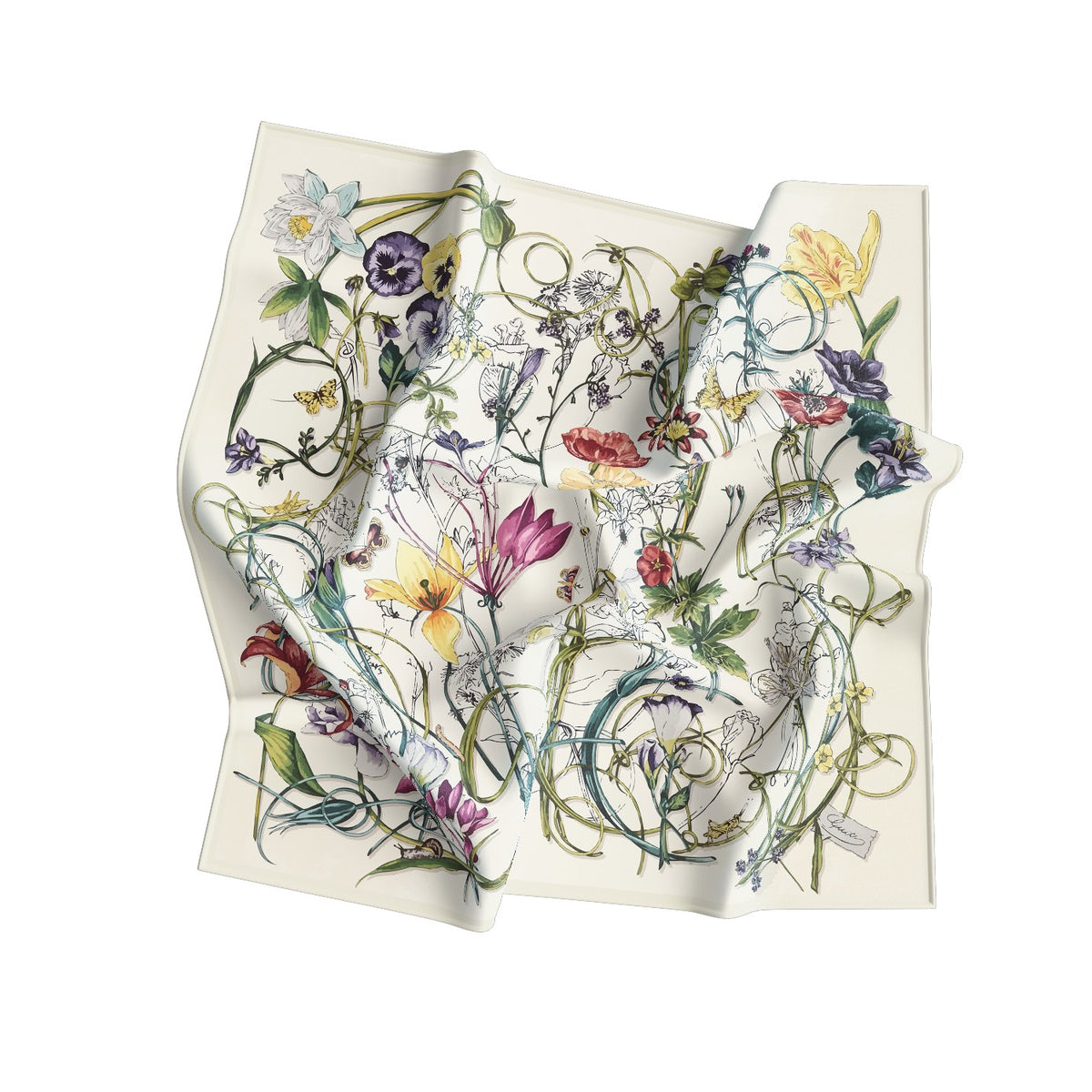 Ivory Botanical Sketch Silk Square Scarf – 65 × 65 cm