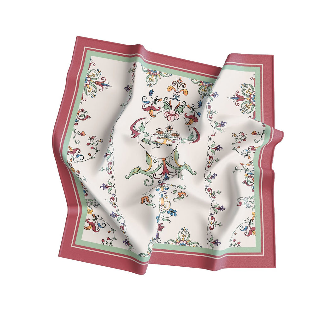 Ivory Rococo Floral Silk Bandana Scarf – 50 × 50 cm