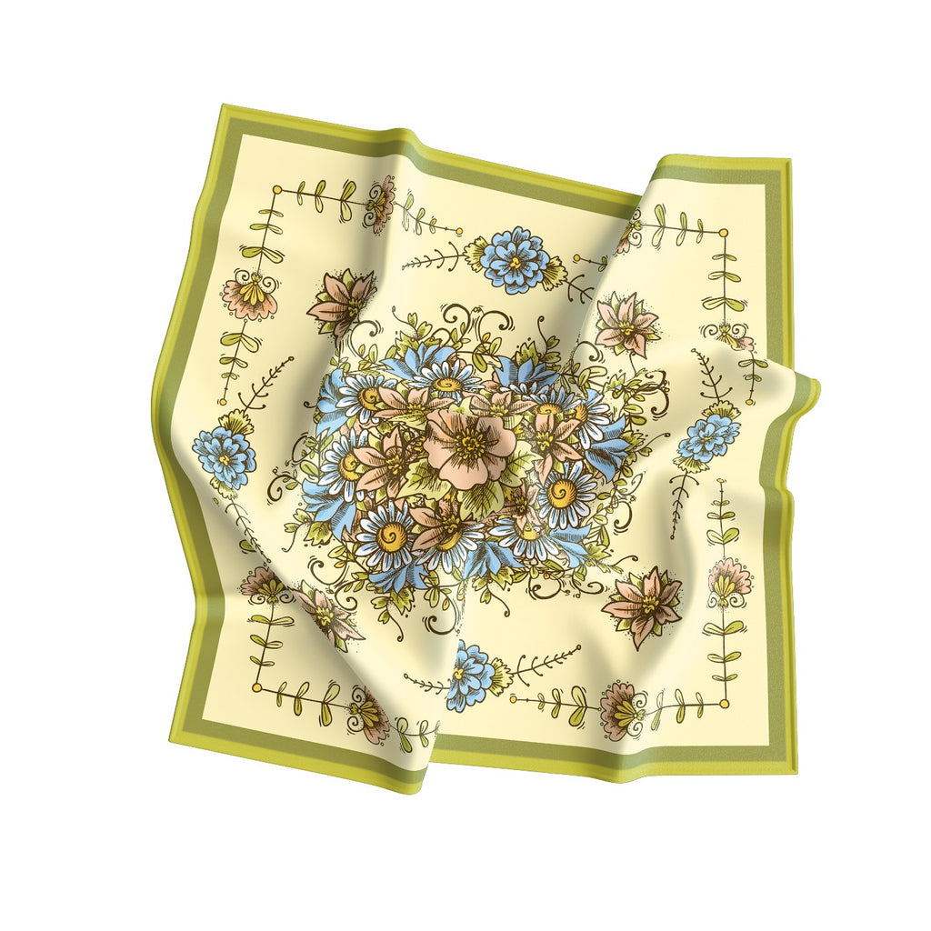 Buttercream Folk Floral Silk Bandana Scarf – 50 × 50 cm
