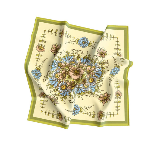 Buttercream Folk Floral Silk Bandana Scarf – 50 × 50 cm